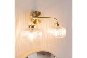 ValueLights | Gold 2 Way Wall Light Fitting with Clear Ribbed Lampshades | Bath Wall Lights, Home Décor & Improvement Essential | Includes Bulb