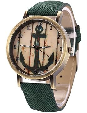 Unisex Armbanduhr Quarz alt Anker Ziffern gold Jeansband gruen
