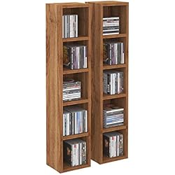 IDIMEX Etagères modulables Musique pour CD et DVD, Lot de 2 Meubles de Rangement en Colonne avec 10 Compartiments, en mélaminé Couleur Noyer
