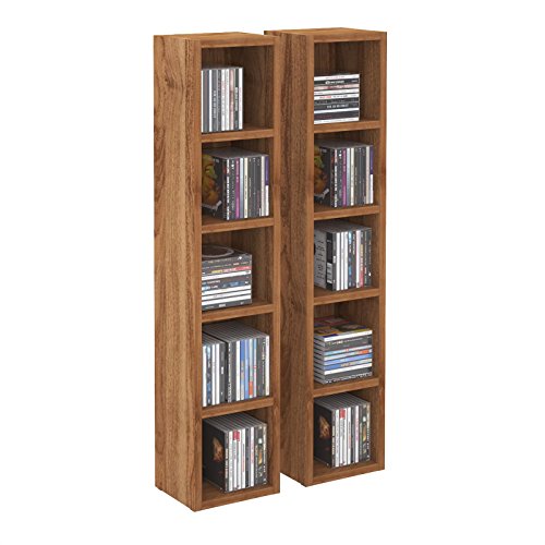 IDIMEX Etagères modulables Musique pour CD et DVD, Lot de 2 Meubles de Rangement en Colonne avec 10 Compartiments, en mélaminé Couleur Noyer