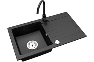 Faizee Granitspüle 75 x 44 cm Nachtschwarz – inklusive Armatur Genial in Schwarz – eckige Einbauspüle aus Granit – beidseitig montierbar, kratzfest, hitzebeständig – modernes Spülbecken