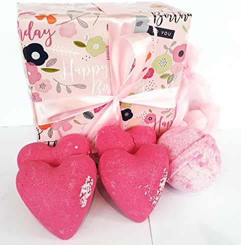 Bath bomb gift box set 4 heart bomb fizzers, large Bath bomb and Mini chill pills - Birthday wrapped