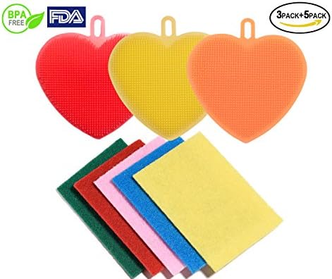 Food Grade Silicone Dish Scrubbers Antibacterial Brushes Multi-purpose Cleaning Brushes Kitchen Sponges for Washing Glass Bottle Pot Pan Fruit and Vegetable 8 Pack (8 pack heart shape in multi-color)