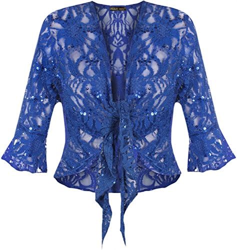 Chocolate Pickle ® NEW LADIES PLUS SIZE TIE UP 3/4 FLARED SLEEVE SHRUG LACE SEQUIN BOLERO TOP 12-26 (24, Royal Blue-Tie Up)
