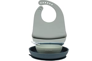 Nattou Silicone Tableware for Kids 4 Pieces 1 Spoon 1 Plate 1 Bowl 1 Bib with Crumb Tray BPA Free Silicone Green Blue