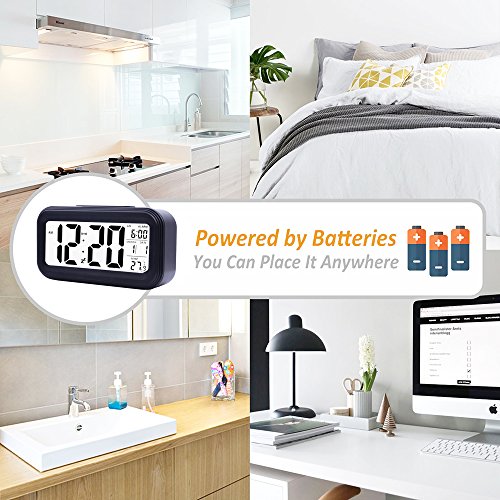 Ankoda® batteriebetriebener LED Digital-Wecker mit extra großem Display, Snooze, Datumsanzeige, Temperatur und Sensor Licht (schwarz) - 5