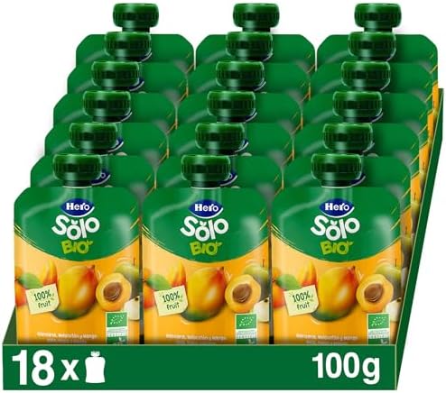 Hero Solo Bio Frutta Frullata 100% Bio, Senza Zuccheri Aggiunti, Purea di Mela, Pesca, Mango - 18 Confezioni da 100 gr