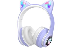 VuyKoo Cuffie Bluetooth per bambini con microfono/ illuminazione LED, Cuffie Wireless limitatore 85dB, Cuffie On-Ear pieghevoli per Smartphone/scuola/scrivania/PC/Kindle (Viola)