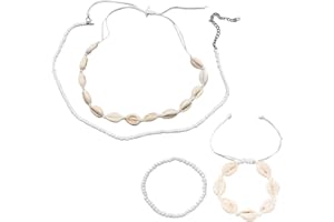Carreneu 4 Stück Muschelkette Damen Muschel Armband Muschel Kette Musch-el Schmuck Muschelkette Muchelarmband Natürliche Muschelketten Verstellbare Armbänder für Damen Mädchen Sommer Strandschmuck