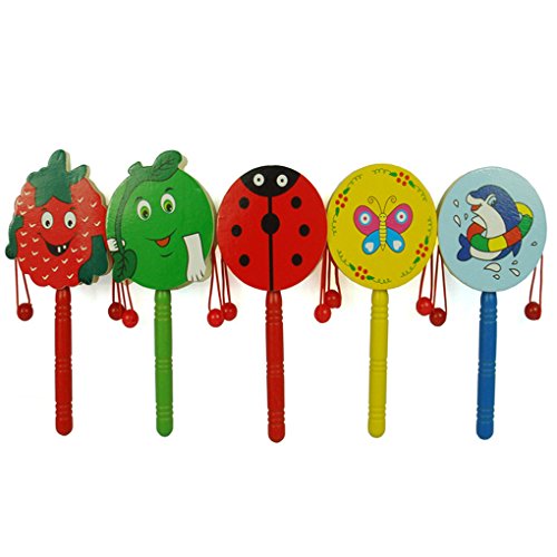 QHGstore Baby-Schüttel-Geklapper-Karikatur-hölzerne Hand-Bell-Trommel scherzt Musikinstrument-Spielzeug Zufällige Farbe - 2