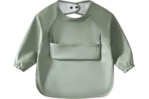 Alimos Long Sleeved Baby Bib 12-36 Months - Reversible Front Pocket for Baby Led Weaning - Waterproof & Easy to Clean - Ideal for Messy Mealtime - Cute & Practical Baby Feeding Bib