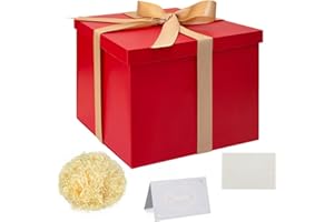 KISPATTI Set Scatola Regalo, Scatola Regalo Rosso con Coperchi Scatola Regalo Profondo con Nastro Scatola Regalo 23x23x18cm Biglietti Auguri Carta Velina Tagliuzzata per Natale Compleanno Matrimonio