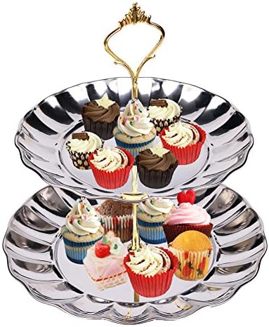 Fruit Plate Cake Stands Fruit Tray 2-Tier Stainless Steel Plates Fruits Cakes Desserts Candy Buffet Stands for Wedding &amp; Home &amp; Party (2-Tier silver)