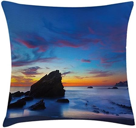 Scenery House Decor Throw Pillow Cushion Cover, Milky Foggy Ocean with Small Stones Twilight Hazy Dreamy Island Coast, Decorative Square Accent Pillow Case, 18X18 Inches, Blue Orange