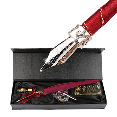 Pen Kit Gänsekiel Dip Pen Kit handgeschnitzt Feder Dip Pen Kit mit eleganten Carving Stift Ständer/Tinte Flasche/5 x Feder (schwarz/rot/grün) - rot