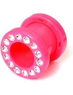 Jeweled Flesh Tunnel aus Acryl, 6 mm, Neon Pink, mit Glaskristallen besetzt, Schraub Tunnel / Expander
