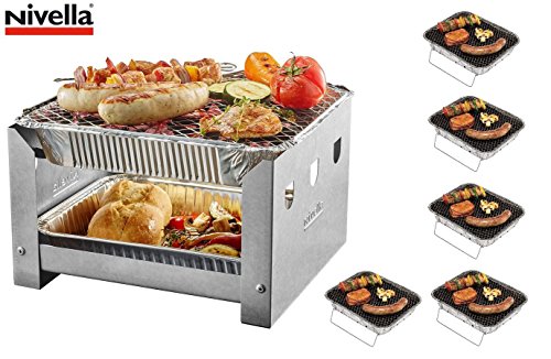 Nivella Grill Station +5x Einweggrill Picknick Holzkohlegrill Einmalgrill Metall
