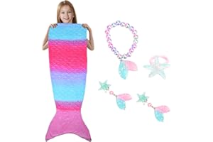 BIQIQI Kinder Meerjungfrauen Schwanz Decke Leuchten in der Dunkelheit, Weiche Flanell Meerjungfrau Kuscheldecke mit Glitzersternen und Einhorn für Mädchen 113 * 58 cm