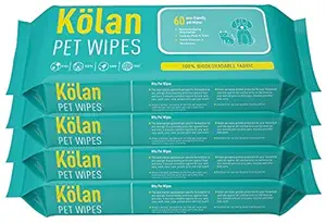 Kolan Eco-Friendly Pet Wipes 100% Biodegradable Fabric ? Fragrance Free Grooming Wet Wipes for Dog | Cat | Puppies | Rabbit | Small Pets, 60 Count, 4 Pack