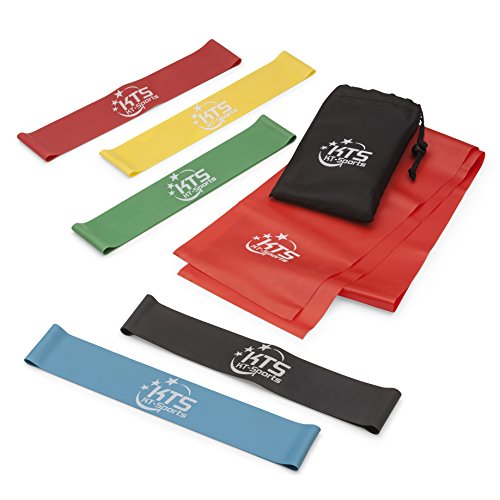 Fitnessbänder - Set mit 6 Fitnessbändern inkl. großem Übungsband - Das beste elastische Stretch-Band für Ihr Fitnesstraining Pull-Ups Pilates + Yoga - Widerstandsbänder/Fitnessbänder erhalten Sie Fit - Widerstandsrohr und Gummiband fürs Training- Elastische Bänder/Thera-Bänder für Körper Beine Arme Schultern Männer + Frauen