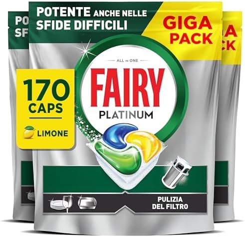 Fairy Platinum Detersivo Pastiglie Lavastoviglie Brillantante, 170 Capsule Lavastoviglie, Limone, Con Sistema Di Prelavaggio Integrato, Efficace Nelle Sfide Difficili Contro Lo Sporco