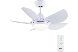 Newday ND-30-1086WT Ventilatore da Soffitto con Lampada e Telecomando Bianco, 76cm Ventilatore da soffitto Piccolo con luci LED Silenzioso, Pala soffitto con 5 Pale, Funzione Memoria