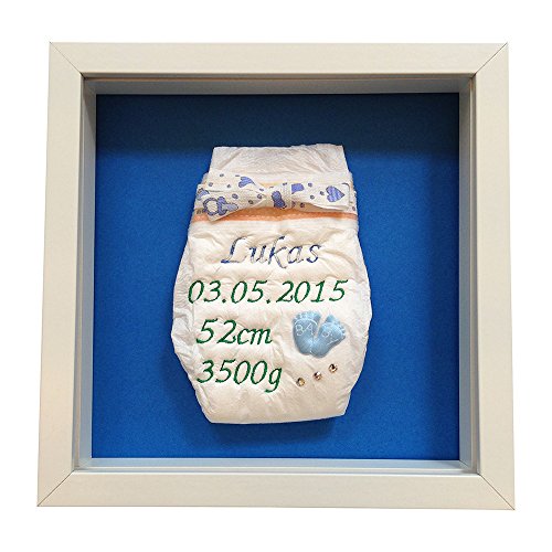 Windel bestickt im Rahmen für Jungen mit Babyfüßchen (Blau)