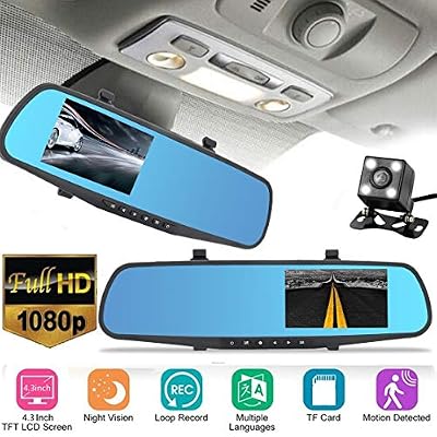 Gwendoll Car DVR Miroir Double Caméra 4.3"Double Objectif Dash Cam Enregistreur Full HD 720P Caméras de Recul de Stationnement Vue Arrière Caméscope Vidéo