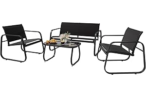 UDPATIO Gartenmöbel Set, Balkonmöbel Set 4 Personen, Garten Sitzgruppe mit Tisch, Sofa und 2 Sesseln, Wetterfest, Kleine Gartenmöbel Outdoor für Balkone, Terrassen, Innenhöfe (Schwarz)