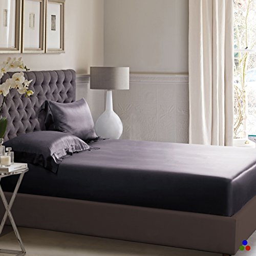 ELLESILK Luxury Silk Fitted Sheet, Pure Silk Sheet, Premium Quality Mulberry Silk, Anti Allergy, Charcoal Grey, Double Size (140 x 190 + 35cm)