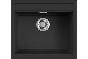 EVHOC Lavello di Design per Cucina 1 Vasca DESIDERATA XS Sopratop, Lavandino in Kuarzite Vasca Unica, Piletta Inclusa, Fascia Miscelatore Preforata 3 Fori, Made in Italy, Nero, 57x51 cm