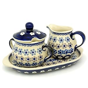 Bunzlauer Keramik Manufaktura Hand-Decorated Polish Pottery Sugar and Creamer Set with Tray Dekor Leonie