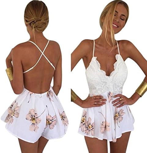 Women's Lace Foral Style Printed Flower Sexy Sleeveless Backless Mini Jumpsuits Playsuit Short Pants by Quistal (M, White)