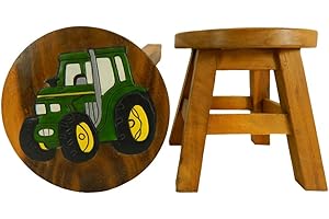 THAI GIFTS Children's Wooden Stool, Green Tractor Design - Handmade Acacia Wood - Small Chair, Footstool or Side Table - Nursery & Bedroom Decor - Fun Step Stool for Kids - Ideal Christmas & Birthday Gift