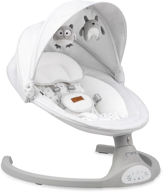 MoMi LAMI Babywippe fĂĽr Kinder bis 9 kg, klappbar, mit Fernbedienung & Bluetooth zum Verbinden mit Smartphone, Batterie- oder Stromanschluss, mit 5-Punkt-Sicherheitsgurt, Sonnenschutz, Insektennetz