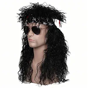 FantaLook 80s Long Curly Rocker Wig with Bandana for Men