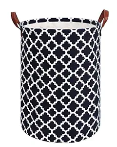 House of Quirk Thickened Large Sized 48L Laundry Basket with Durable Leather Handle, Drawstring Round Linen Collapsible Storage Basket, Dirty Clothes Hamper for Bedroom(Black Diamond)