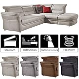 Lieferumfang: Cavadore 5145 - Ecksofa Bontlei, davorstehend: Sofa 3-sitzig links und Ottomane rechts / Kopfteilverstellung 2x im Sofa 3-sitzig, 1x in der Ottomane / Bettfunktion (im Originalbezug) und Stauraum / Füße: Kunststoffgleiter chromfarben