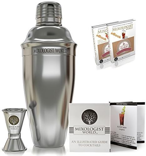 Professional SST Cocktail Shaker SET Bundle w/ Jigger and Recipes / Bartender Tool / Martini Bar Kit by Mixologist World