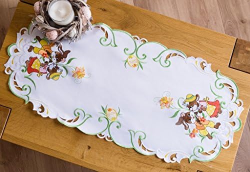 AmazingCurtains_Ltd Easter Tablecloth Table Runner with Embroidered Bunny Pattern Oval (40 x 85cm Oval)