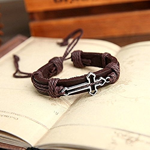 Preisvergleich Produktbild ocamo Herren Damen Punk Retro modische echtes Leder Kreuz, mit Anhänger Armband