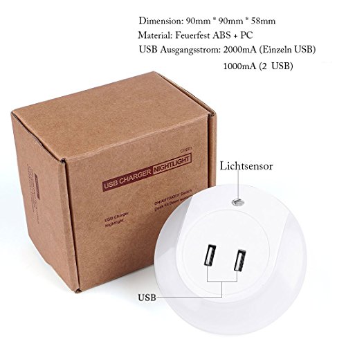 AIGUOZER® Tragbare LED Nachtlicht Nachtlampe mit 2 USB Ladegerät Bewegungsmelder Charger Lichtsensor Nachtbeleuchtung für Kinderzimmer Babyzimmer Handy und Pad - 3