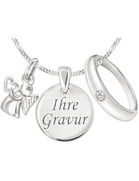 CLEVER SCHMUCK-GRAVUR-SET 3 Silberne Anhänger Gravurplatte 12 mm inkl. Gravur einseitig + Mini Engel 10 mm Herz...