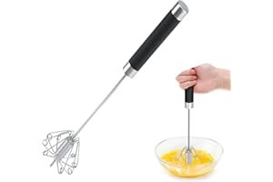 Wenrecu Semi-Automatic Spin Rotary Whisk and Hand Push Egg Beater, Stainless Steel Hand Baking Mixer, Cooking Utensils for Blending, Whisking, Beating (Black)