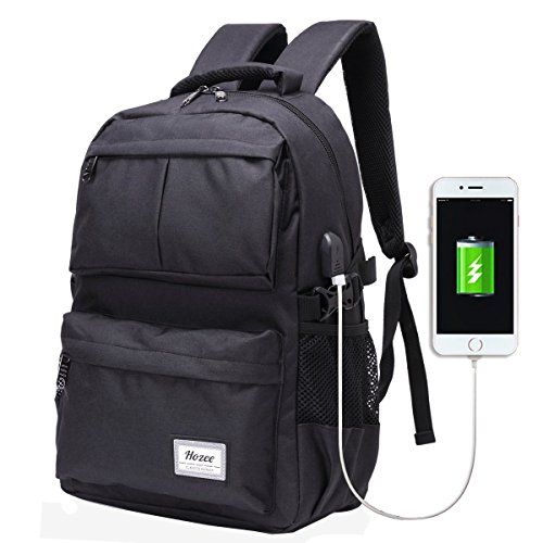 Hozee Schulrucksack Rucksack mit usb ladeanschluss und 15 6 Zoll laptopfach f  r Schule Reise Camping Outdoor Sport -Schwarz