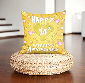 DreamVio Happy 14th Anniversary Pillow,Cushion for Gifting on Birthday's & Wedding to Couple,Husband, Wife, Friends Color : Yellow (12 x 12 inch)