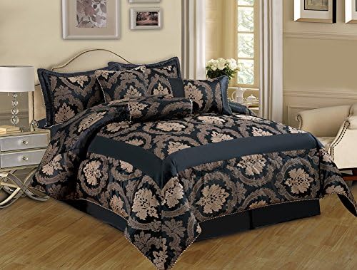 Betty 7PC Jacquard Quilted Bedspread Comforter Bedding Set - Double &amp; King Size (Double, Betty Black)