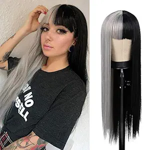 Kaneles Half Grey Half Black Wig Long Straight Hair with Bangs Cosplay Natural Wig Cosplay Party Show