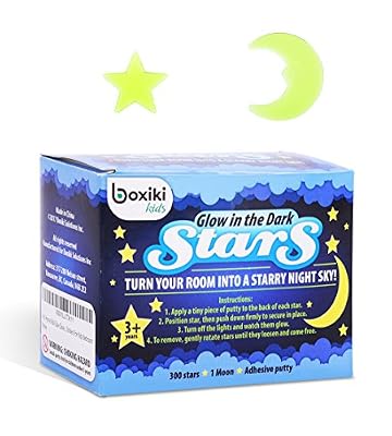 Boxiki Kids Pack de 300 étoiles lumineuses et Lune | Etoiles fluorescentes plafond pour enfants | Lune et étoiles lumineuses pour chambres à coucher et nurserie par Boxiki Kids