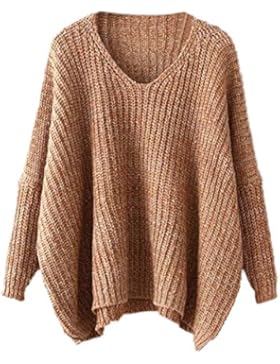 ROMWE Damen Pullover V-Ausschnitt mit Fledermaus-Ärmel Übergroß Strick Strickpullover